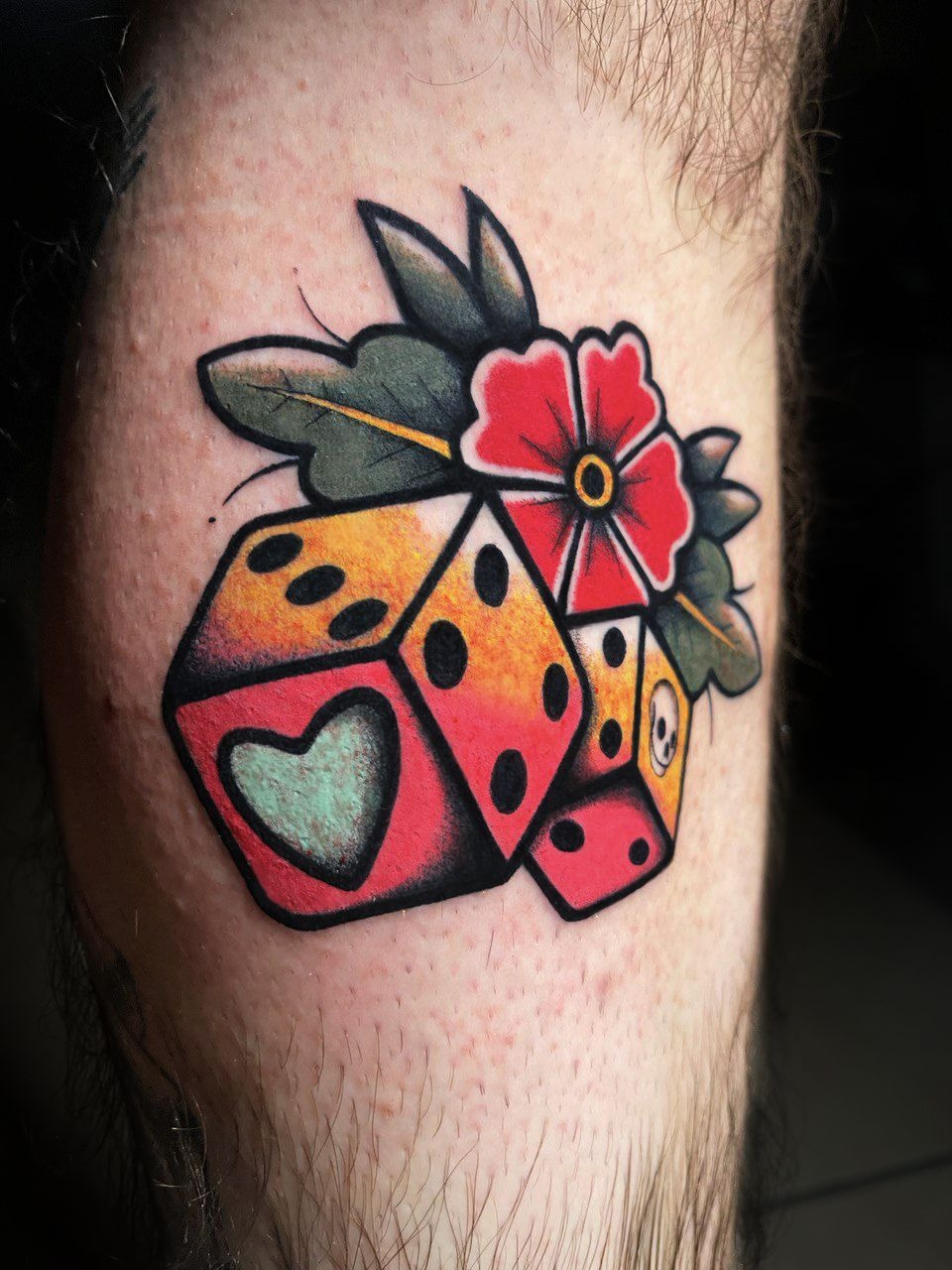 Dominoes and Flowers Traditional Tattoo Tattoo Design