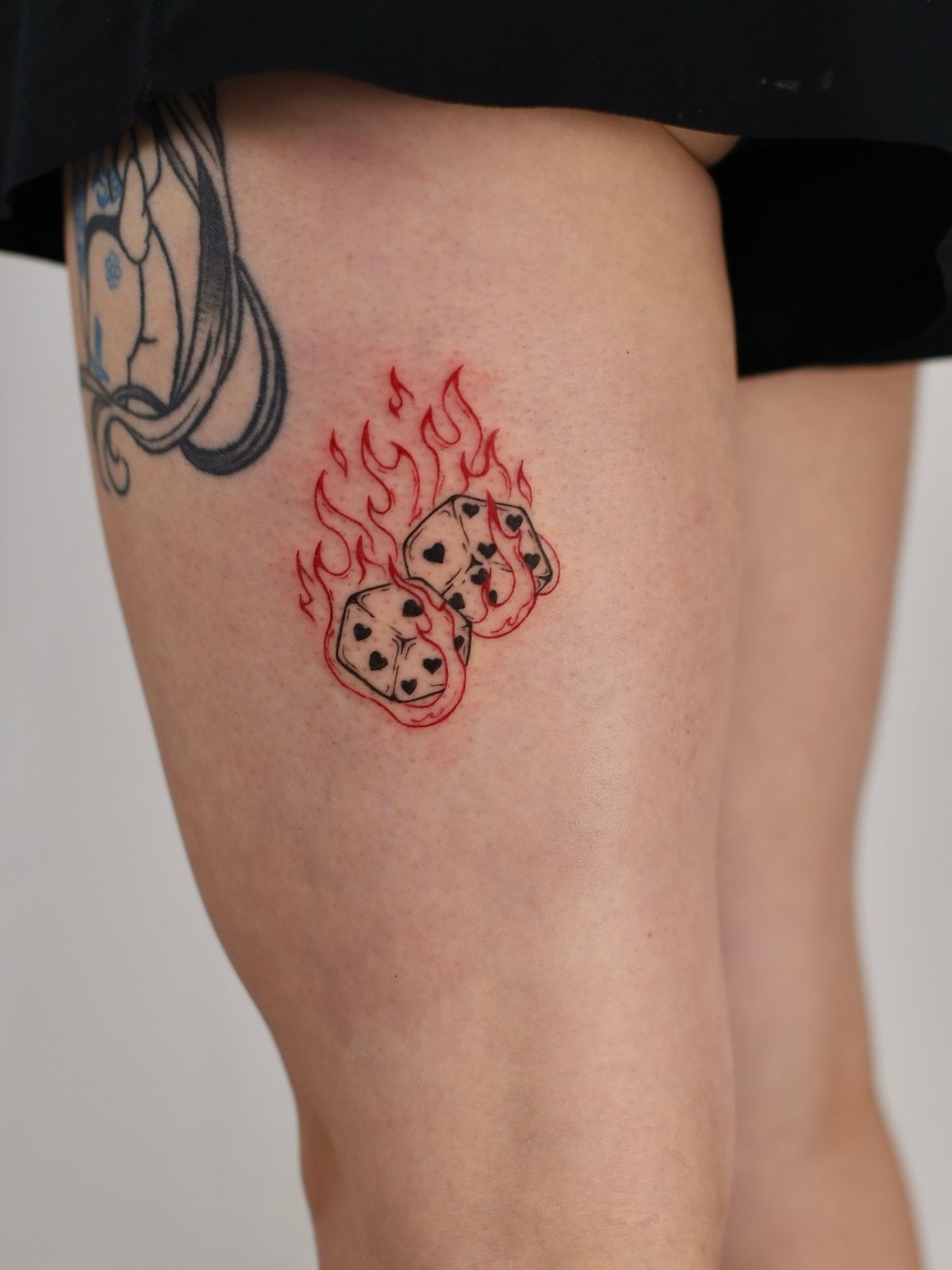 Hanging Fuzzy Dice and Flames Tattoo Design