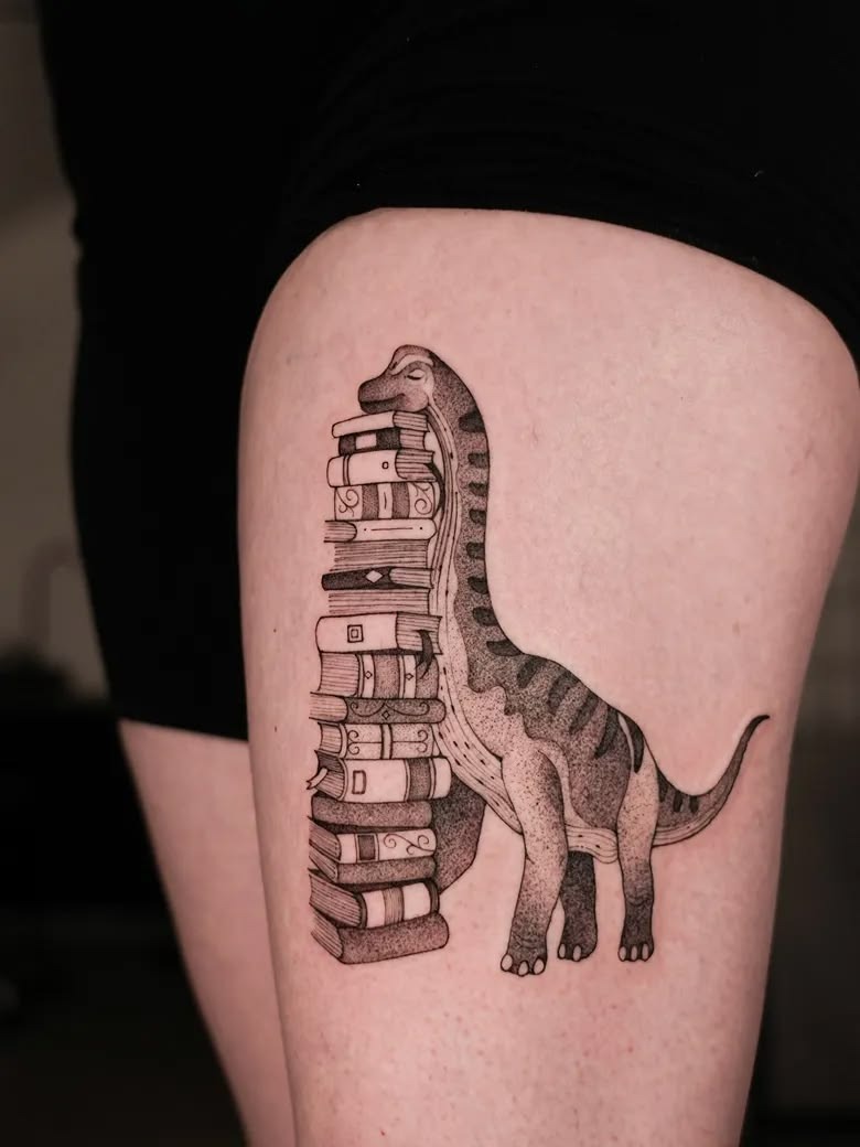 Book-Loving Long-Neck Dinosaur Tattoo Tattoo Design
