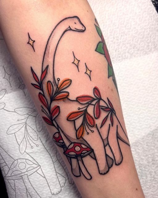 Botanical Long-Neck Dinosaur Tattoo Tattoo Design