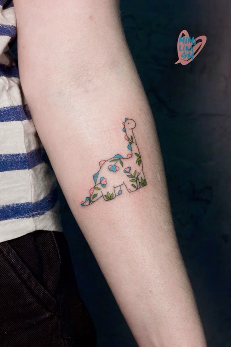 Floral Long-Neck Dinosaur Tattoo Tattoo Design