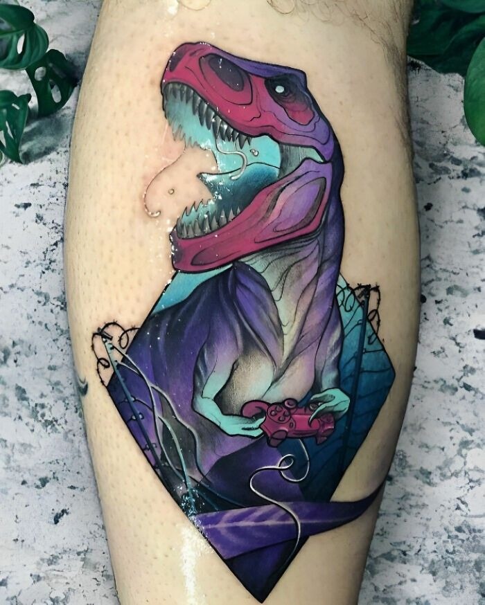 Gamer T-Rex Color Tattoo Tattoo Design