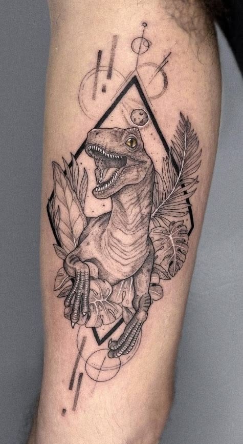 Geometric Raptor With Tropical Leaves Tattoo Design