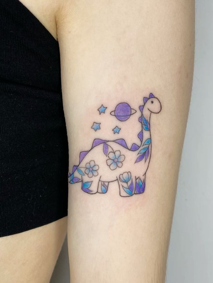 Purple Floral Long-Neck Dinosaur Tattoo Design