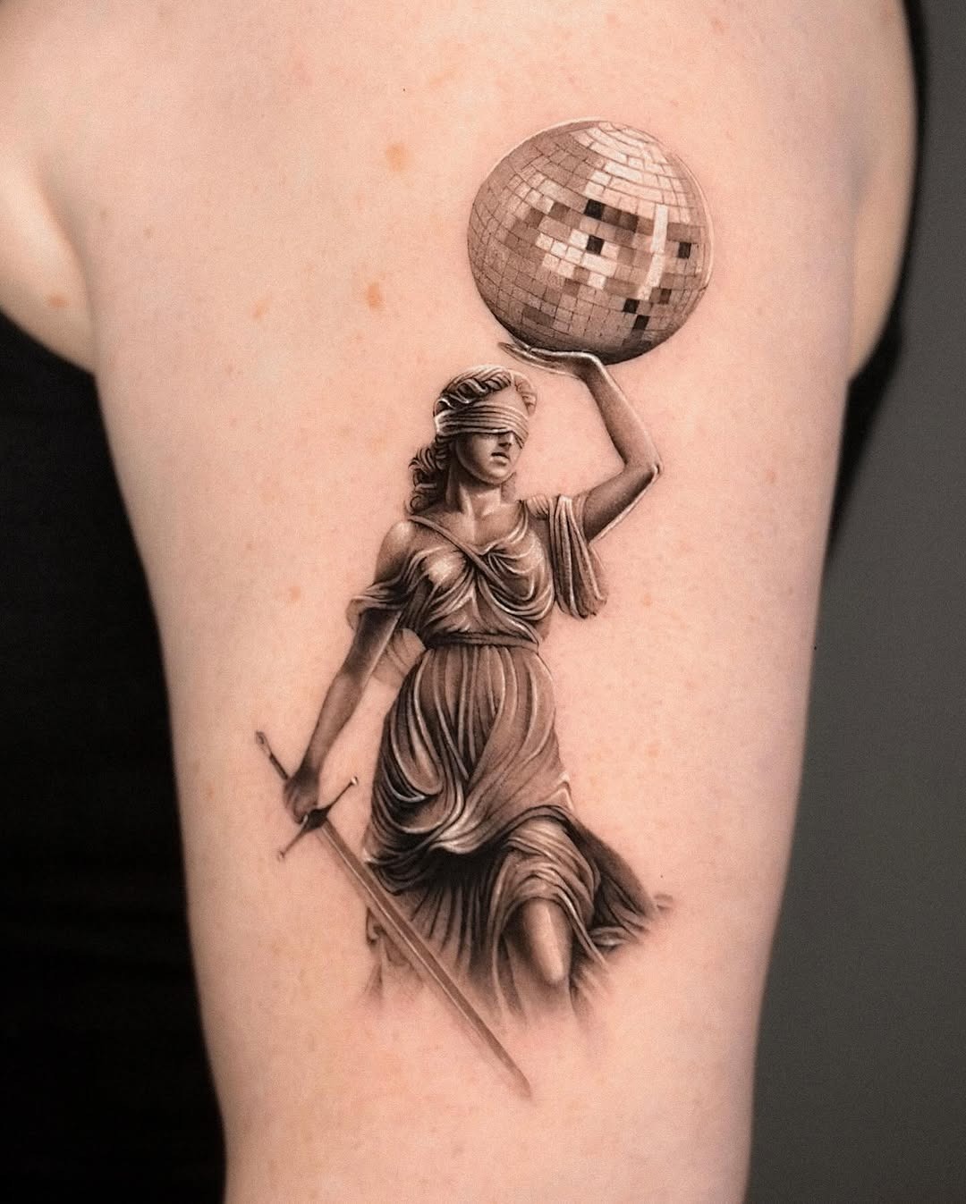 Chic Lady Justice with Disco Ball Tattoo Tattoo Design