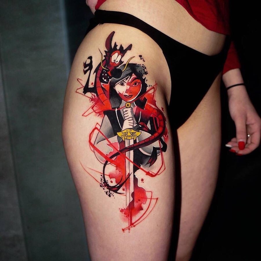 This striking tattoo showcases a dynamic design with an evil queen and a fiery dragon, embodying strength and rebellion.