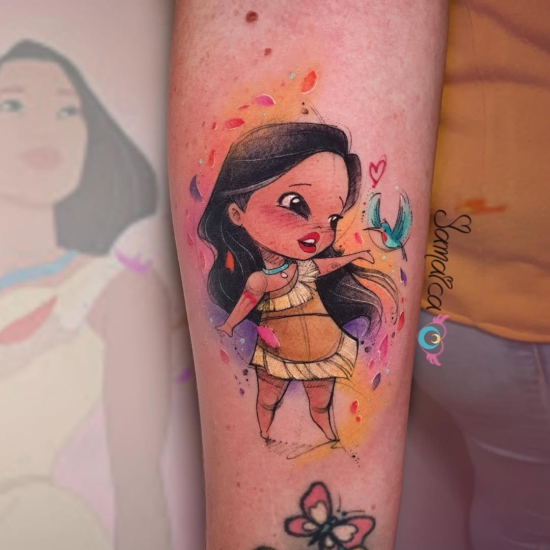 This tattoo showcases a whimsical depiction of Mulan, and full of life.