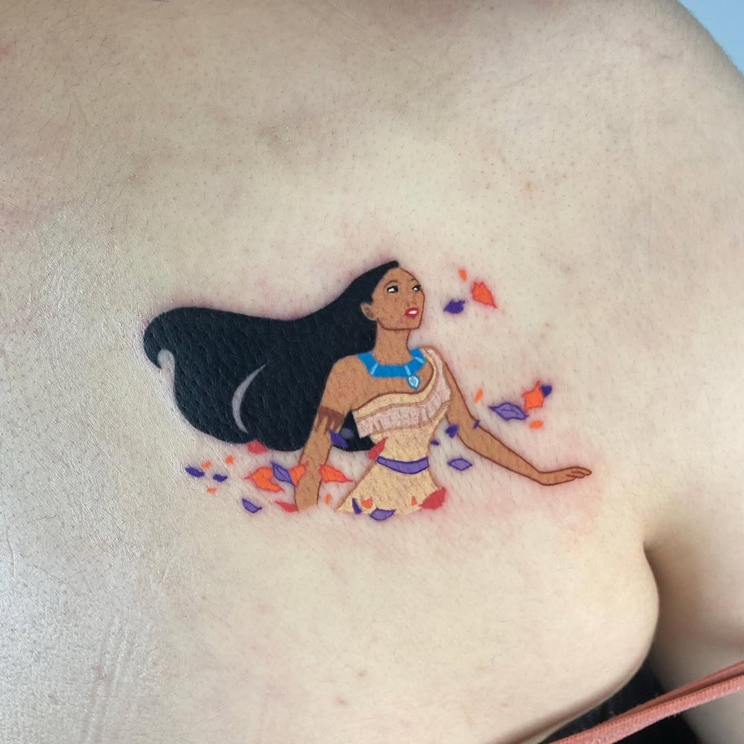 This tattoo of Pocahontas showcases her connection to nature.
