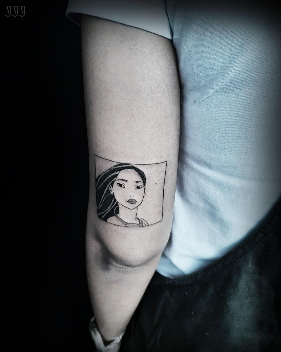 This tattoo showcases a stunning minimalist portrait of Pocahontas.