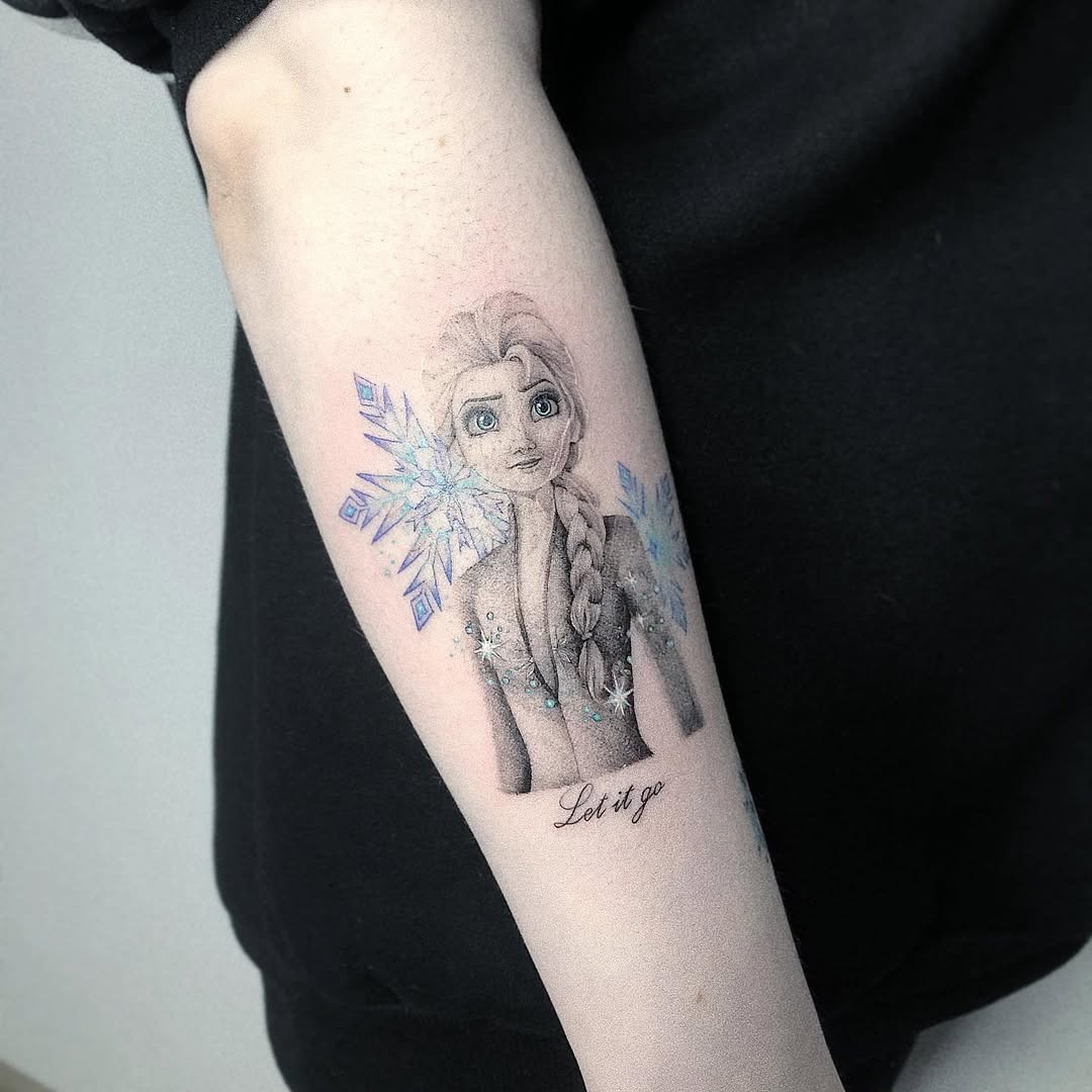 This tattoo beautifully depicts Elsa from Disney's Frozen, showing her iconic braid and serene expression.