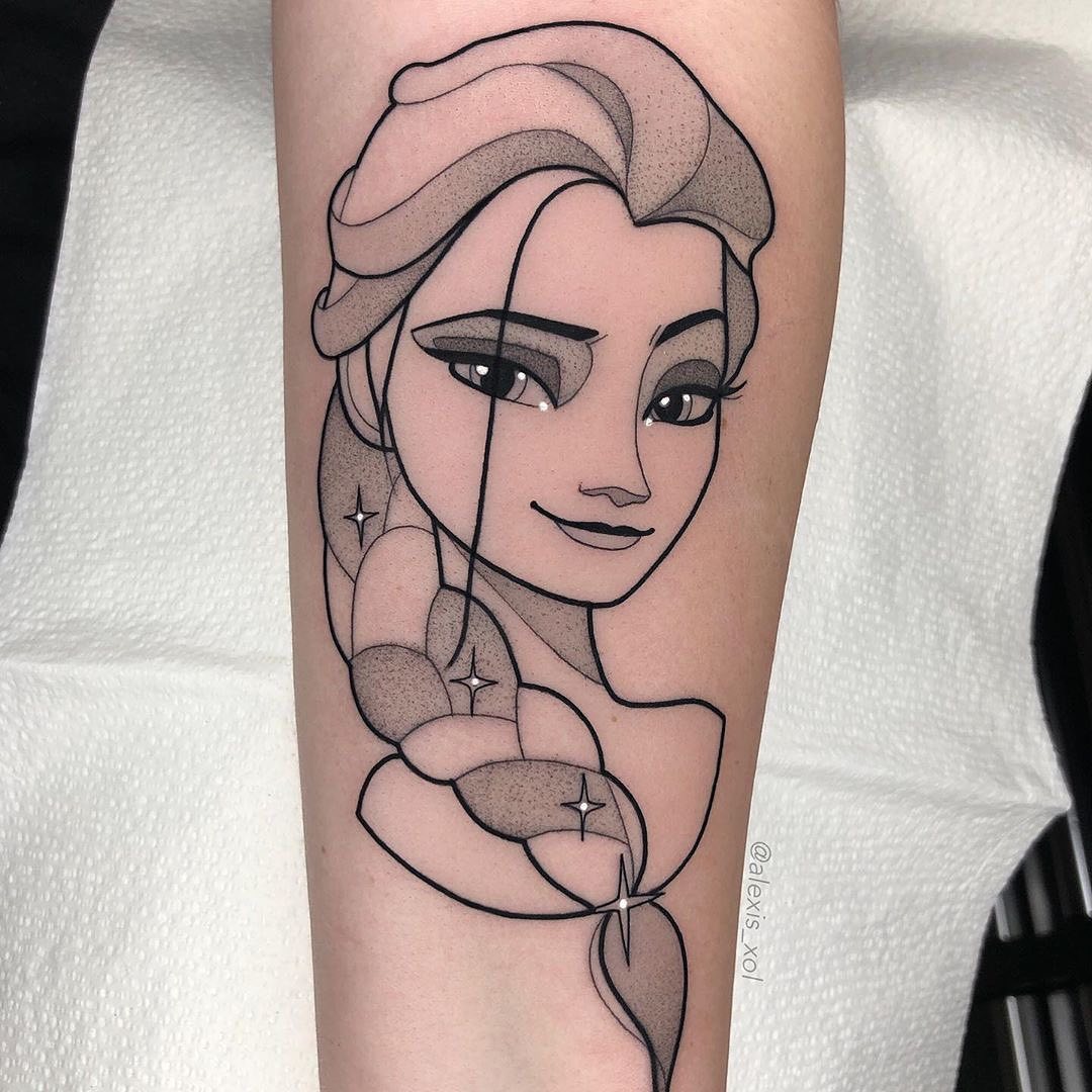 This tattoo features an elegant representation of a Disney princess with a simple yet striking design.