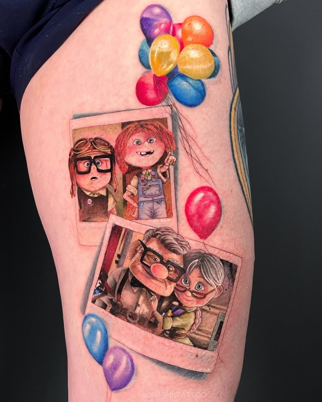 This tattoo showcases beloved characters from Disney's Up.