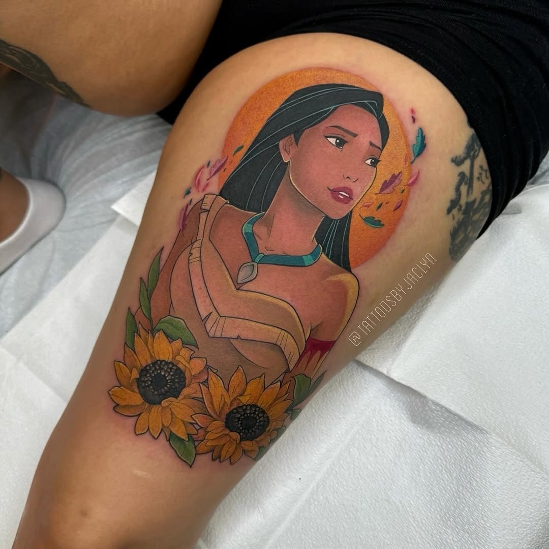 This stunning tattoo showcases Pocahontas with a radiant orange background.