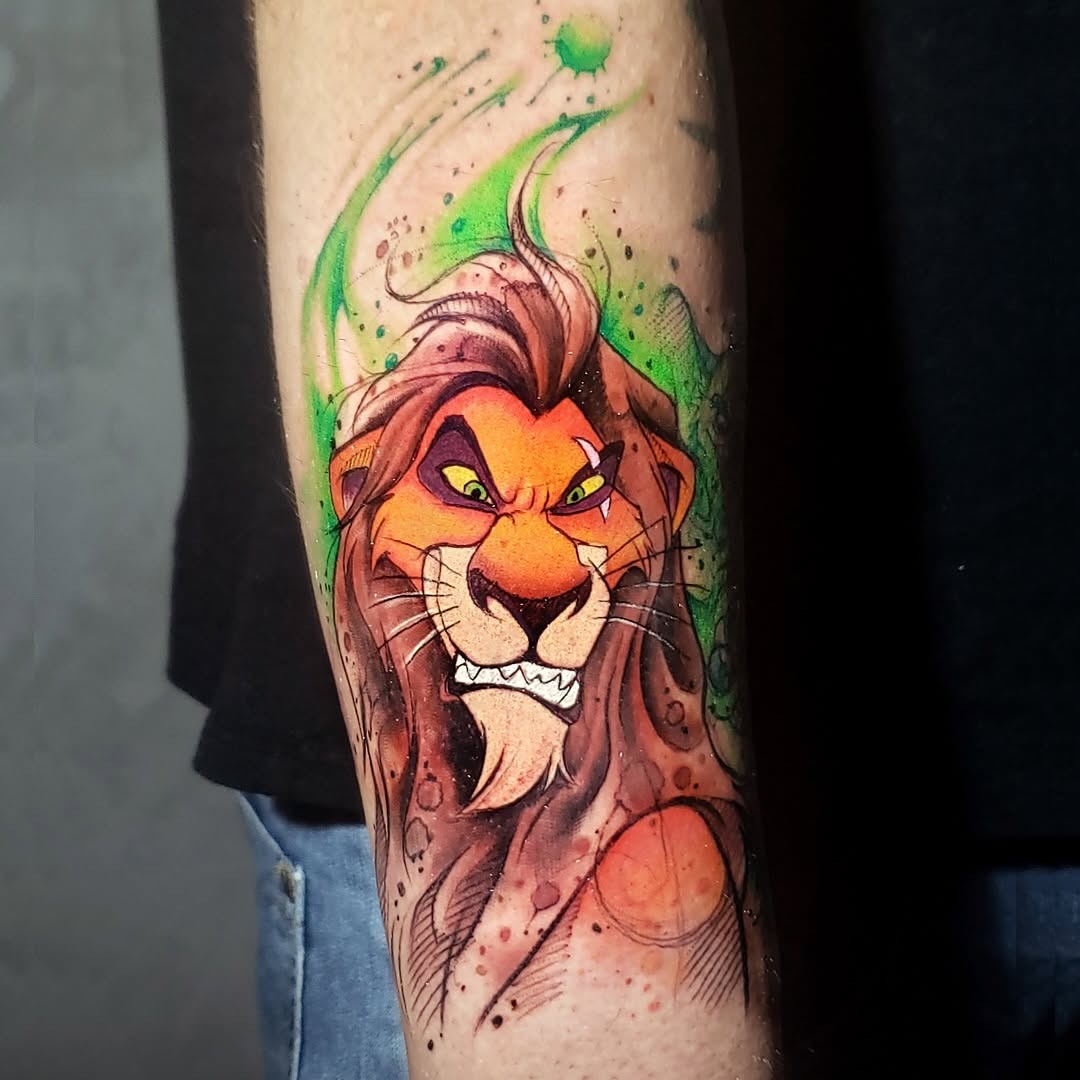 This stunning tattoo showcases Scar, the iconic villain from "The Lion King," with captivating colors and intricate details.