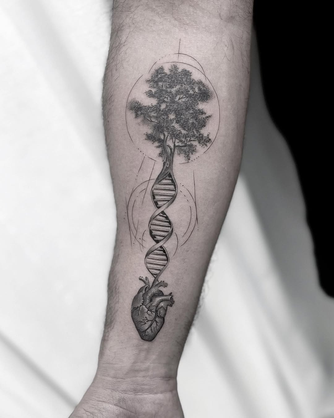 This stunning tattoo features a DNA strand intertwined with a tree and a heart, symbolizing life and connection.