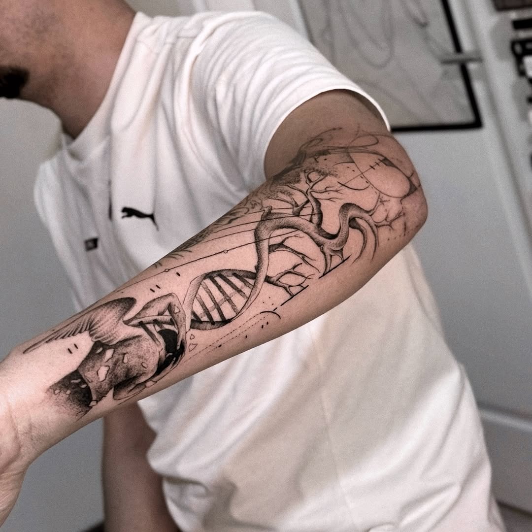 This striking DNA tattoo wraps around the arm, blending artistry and anatomical elements seamlessly.