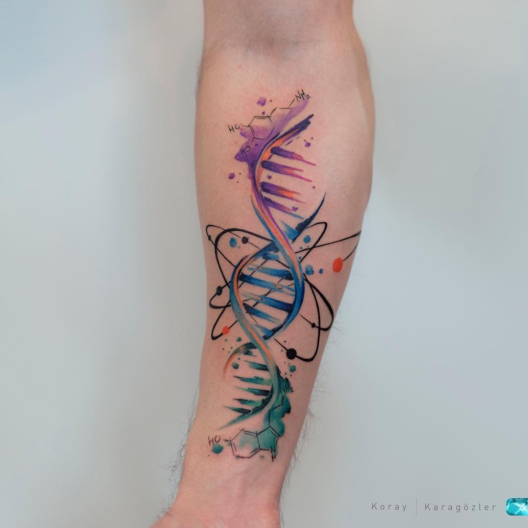 This tattoo features a DNA strand that intertwines with colorful elements, creating a unique blend of art and science.