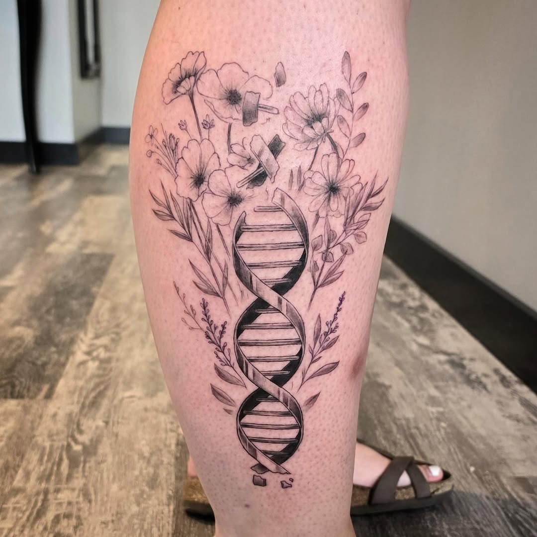 This tattoo features a stunning DNA helix intertwined with blossoming flowers.