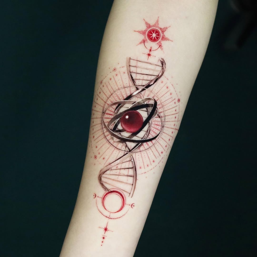 This striking tattoo features a swirling DNA helix intertwined with celestial symbols.