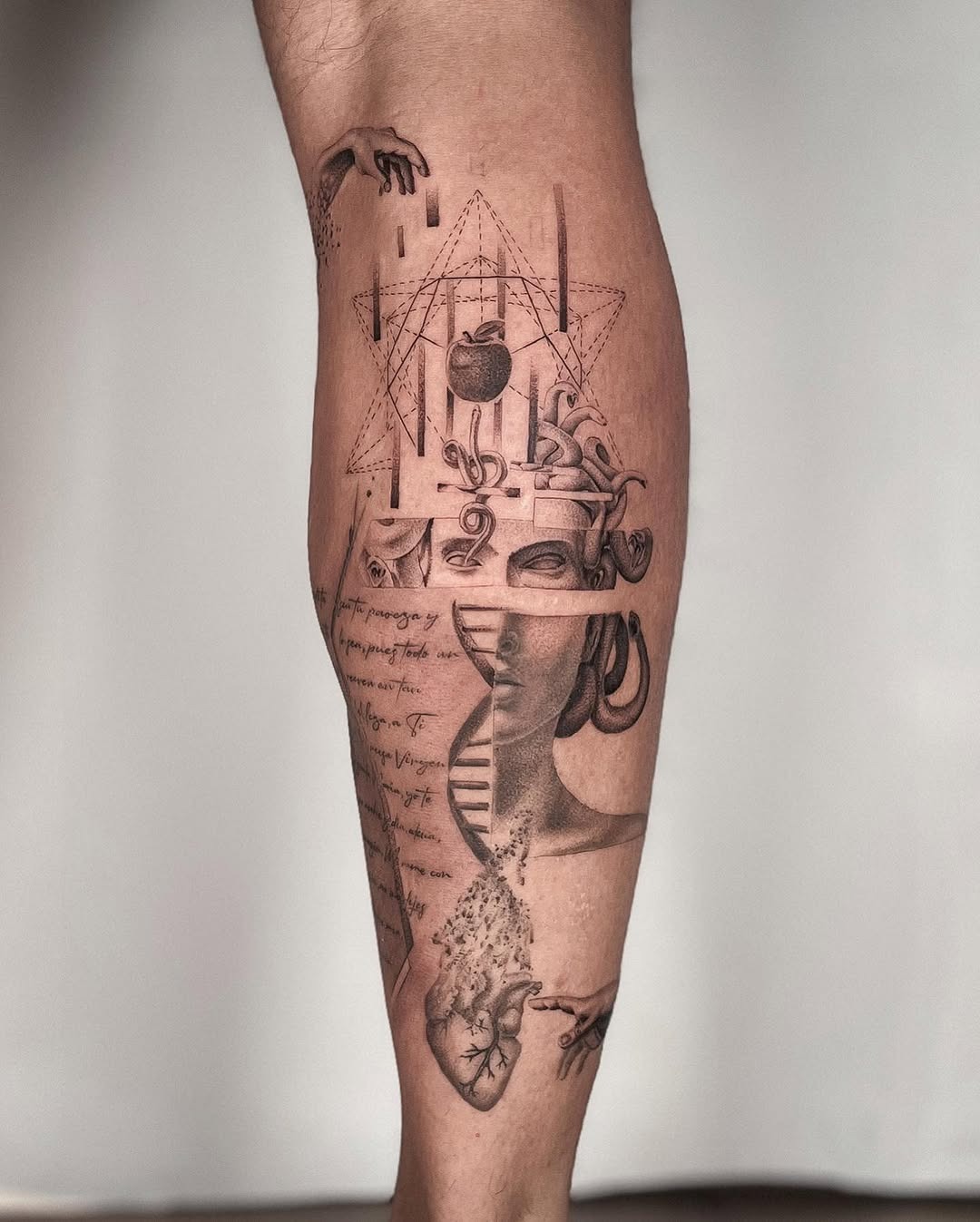 This stunning leg tattoo showcases a blend of abstract art and DNA motifs.