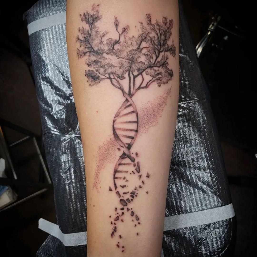 This tattoo elegantly combines the beauty of nature with the essence of DNA.