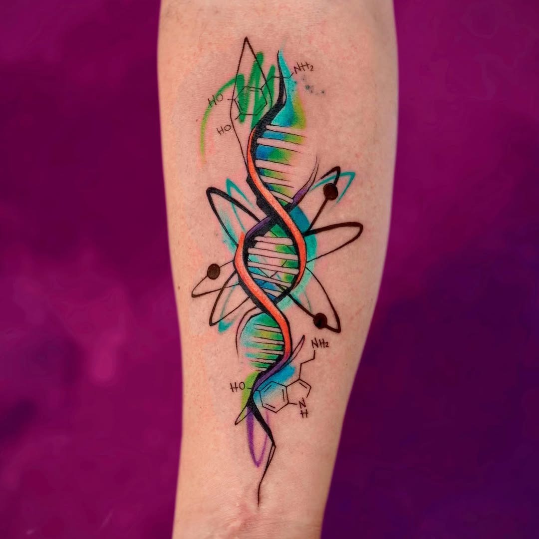 This tattoo showcases a lively representation of DNA, combining sharp lines and colors.