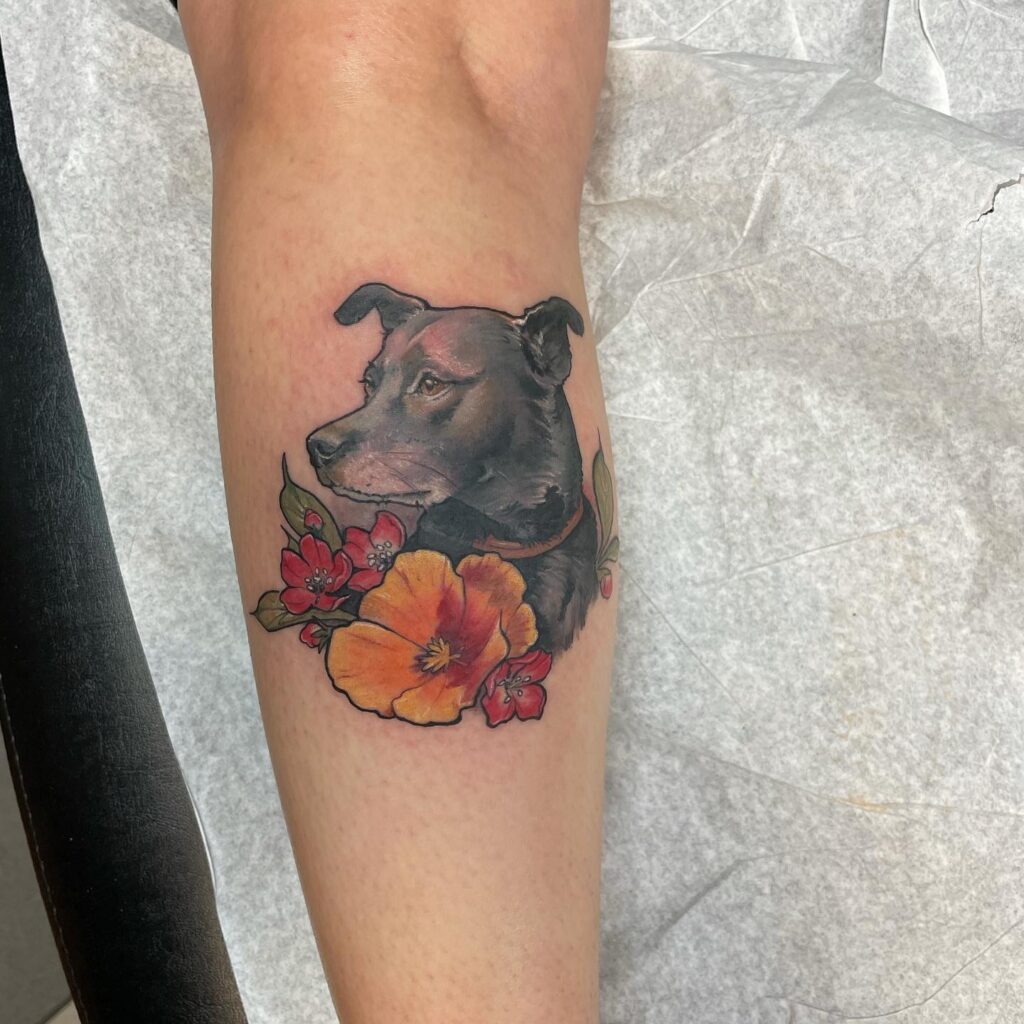 Dog Portrait with Vibrant Flowers Tattoo Tattoo Design
