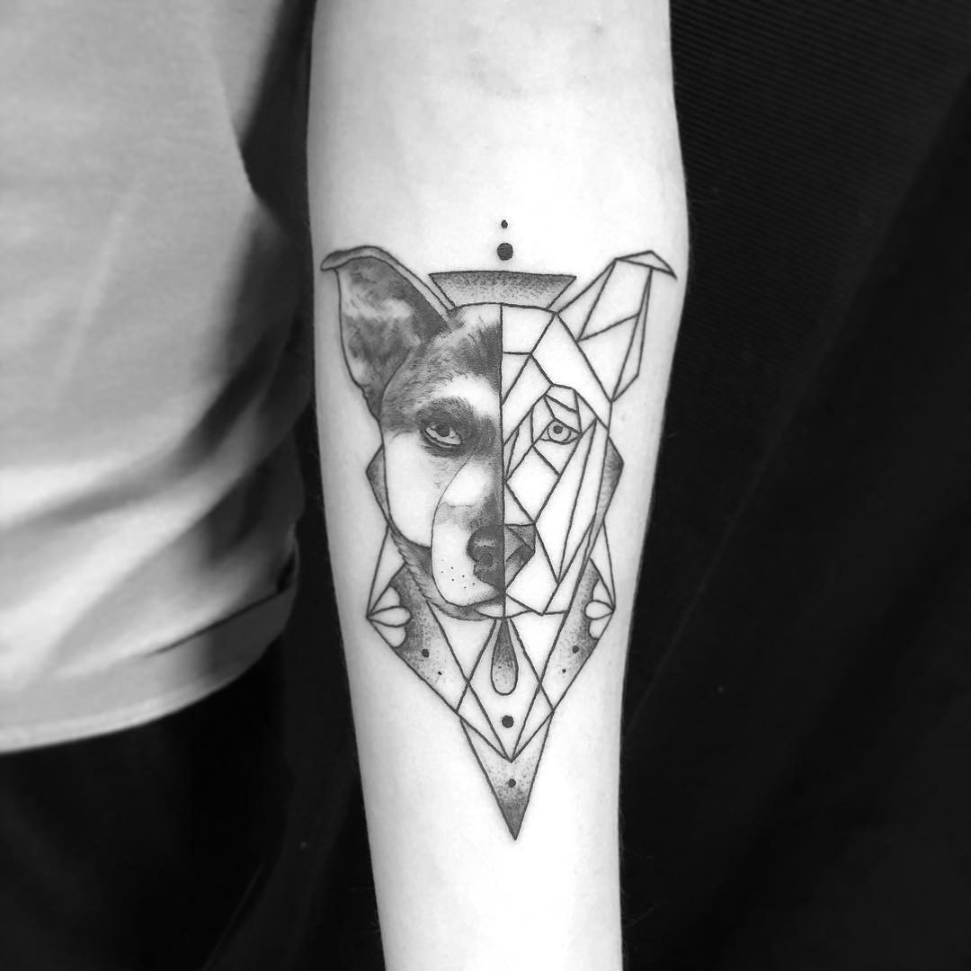 Line Art Human and Dog Hand Connection Tattoo Tattoo Design