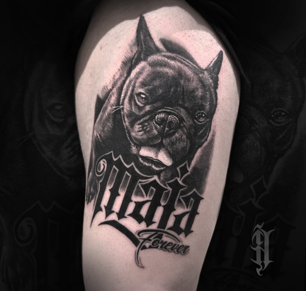 Realistic Dog Portrait with Name and Forever Tribute Tattoo Tattoo Design