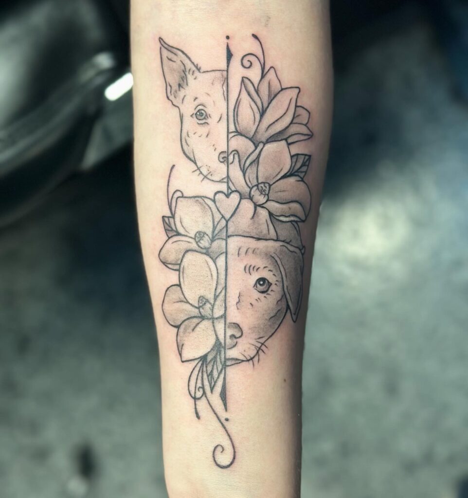 Split Dog Portrait with Floral Accents Tattoo Tattoo Design