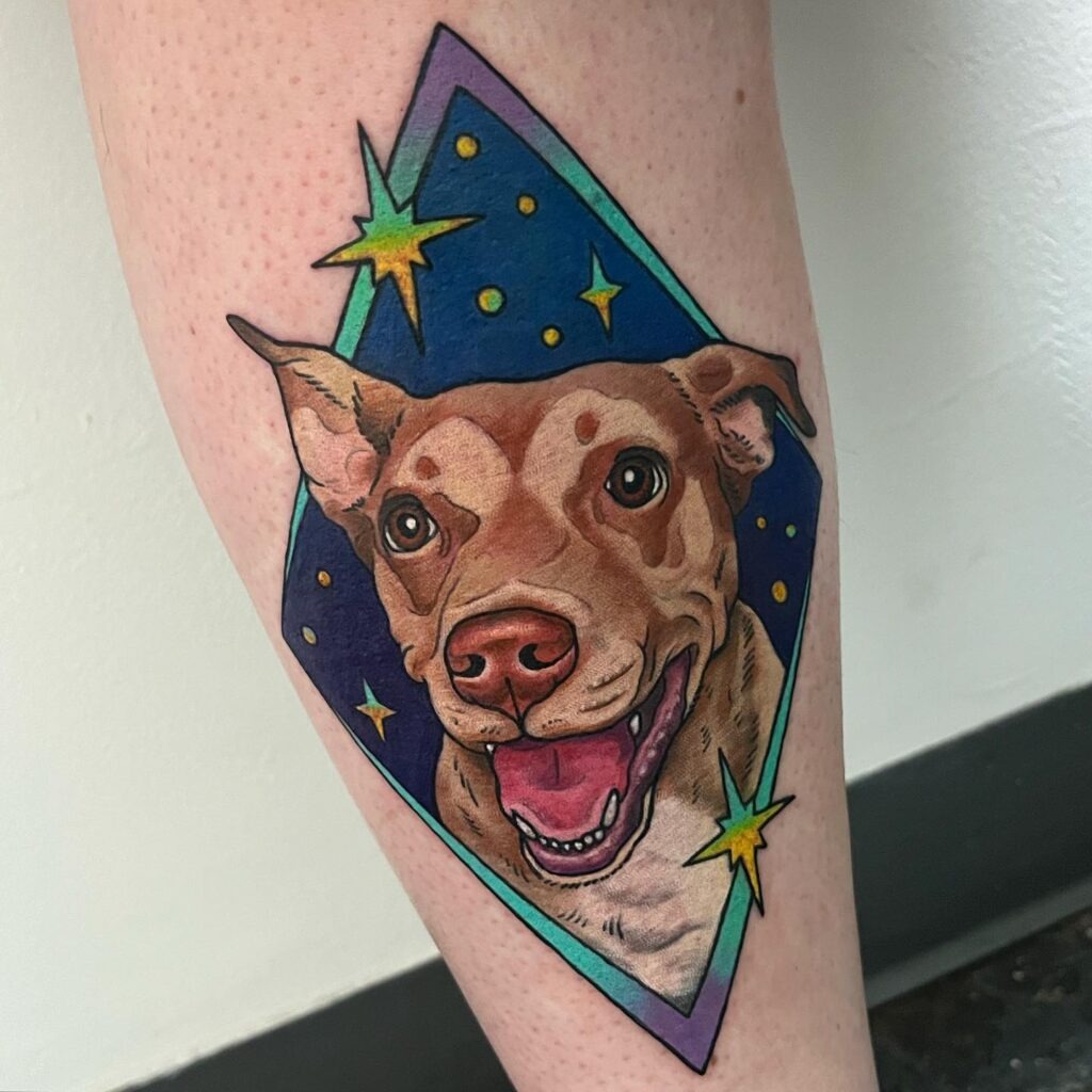 Vibrant Dog Portrait with Cosmic Background Tattoo Tattoo Design