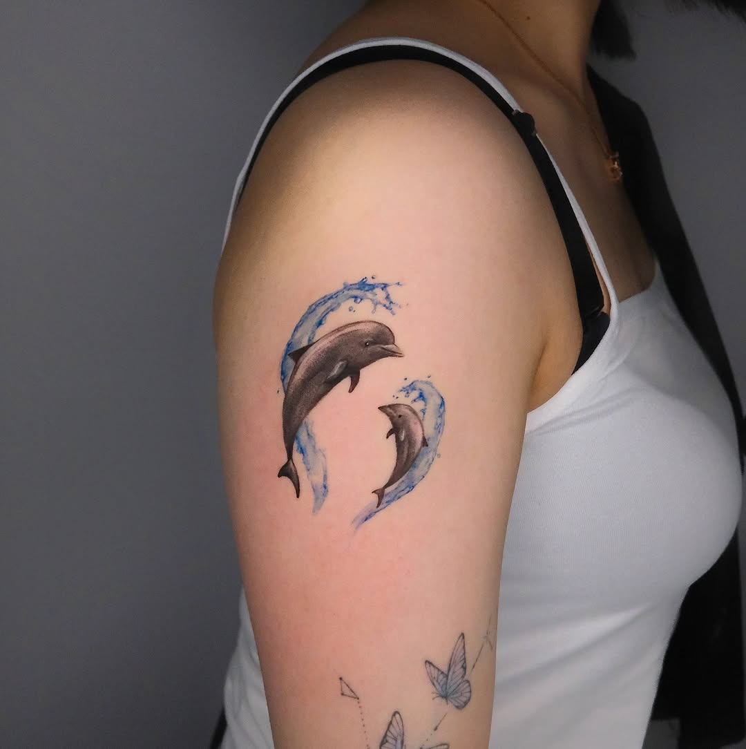 Colorful dolphin tattoo with crescent moon Tattoo Design