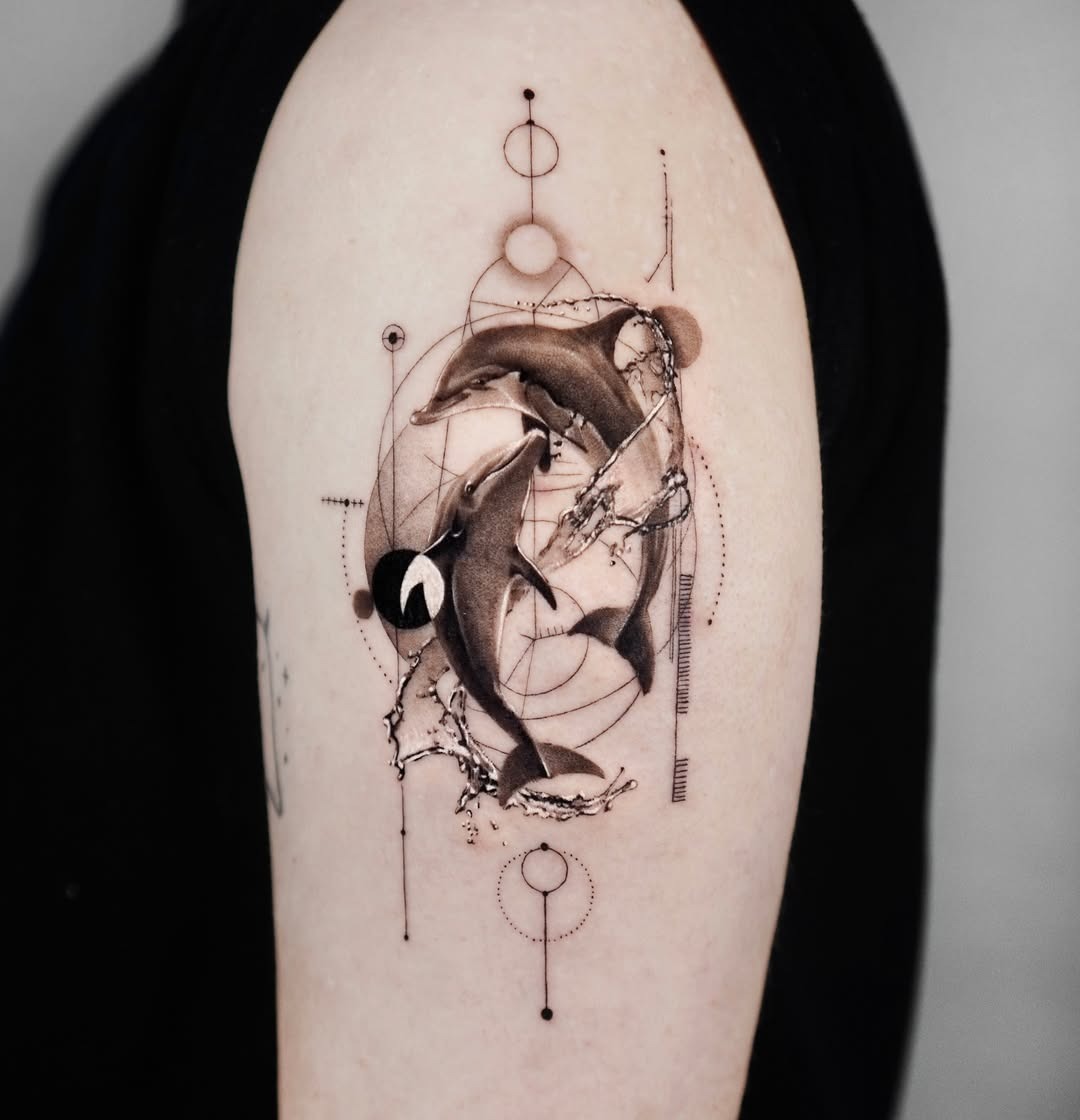 Elegant dolphin tattoo in black and grey. Tattoo Design