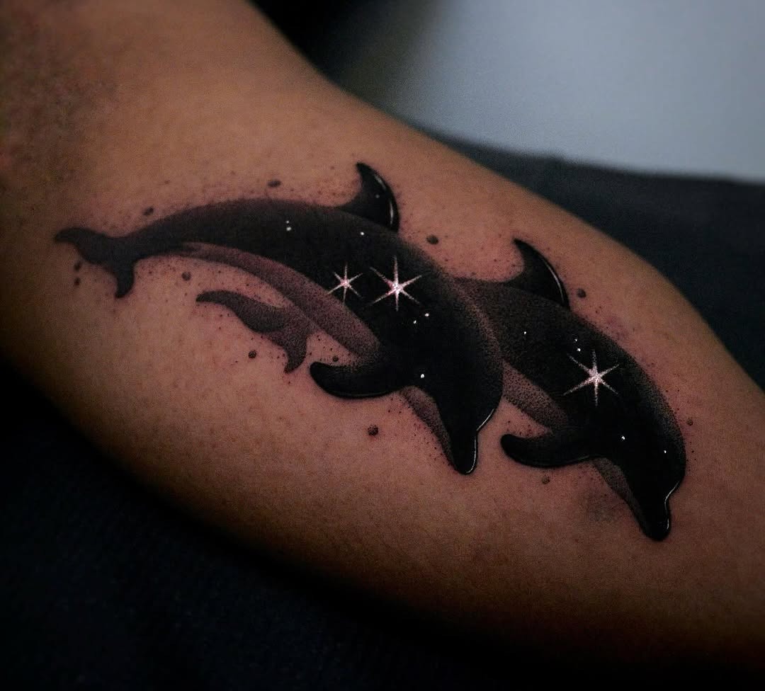 Elegant dolphin tattoo with playful water splash Tattoo Design