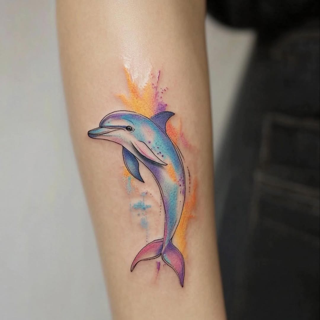 Whimsical dolphin tattoo with planetary designs Tattoo Design
