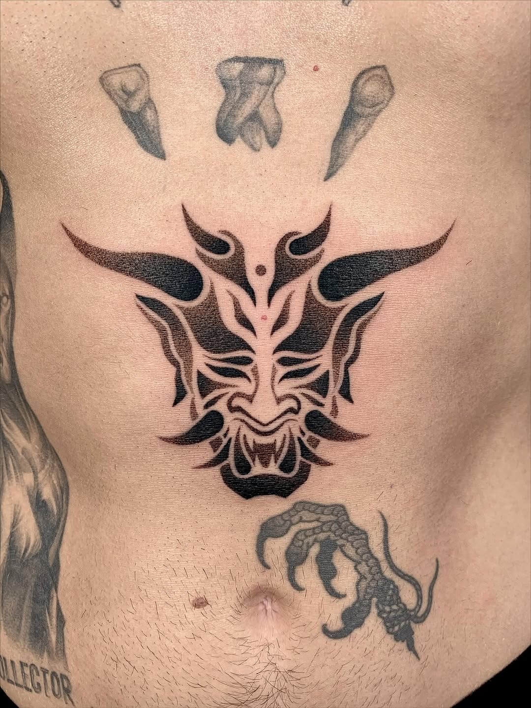 This dotwork tattoo showcases a bold bull design that combines intricate lines and shading techniques.