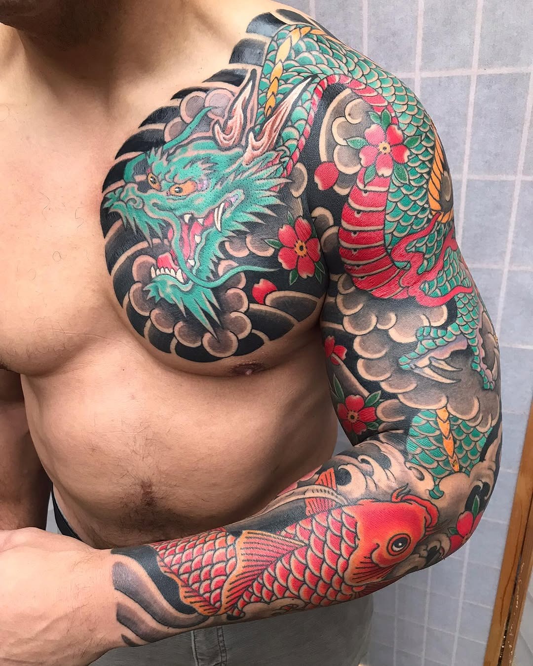 Stunning dragon and koi fish tattoo design Tattoo Design