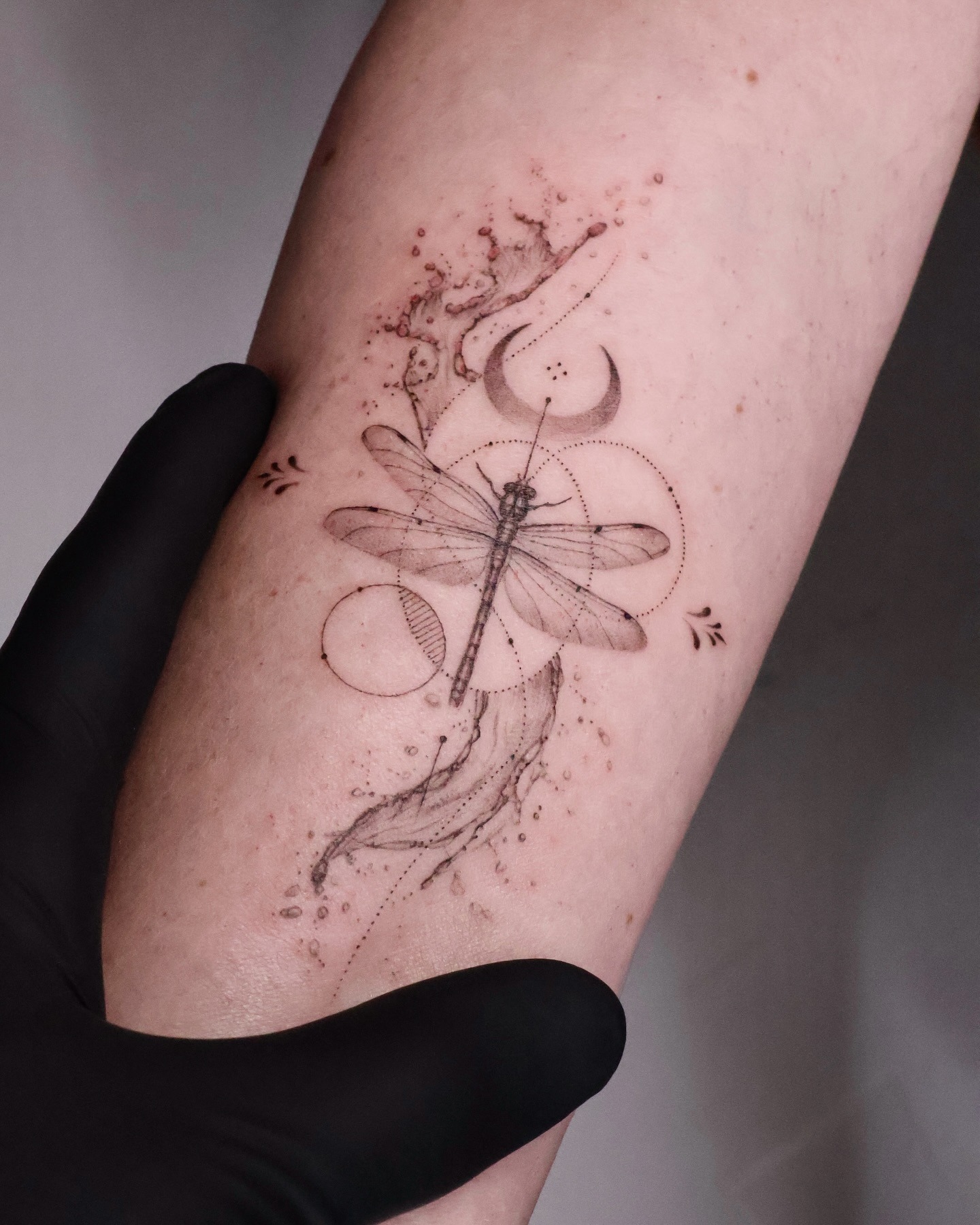 Celestial Dragonfly Tattoo With Moon Phases Tattoo Design