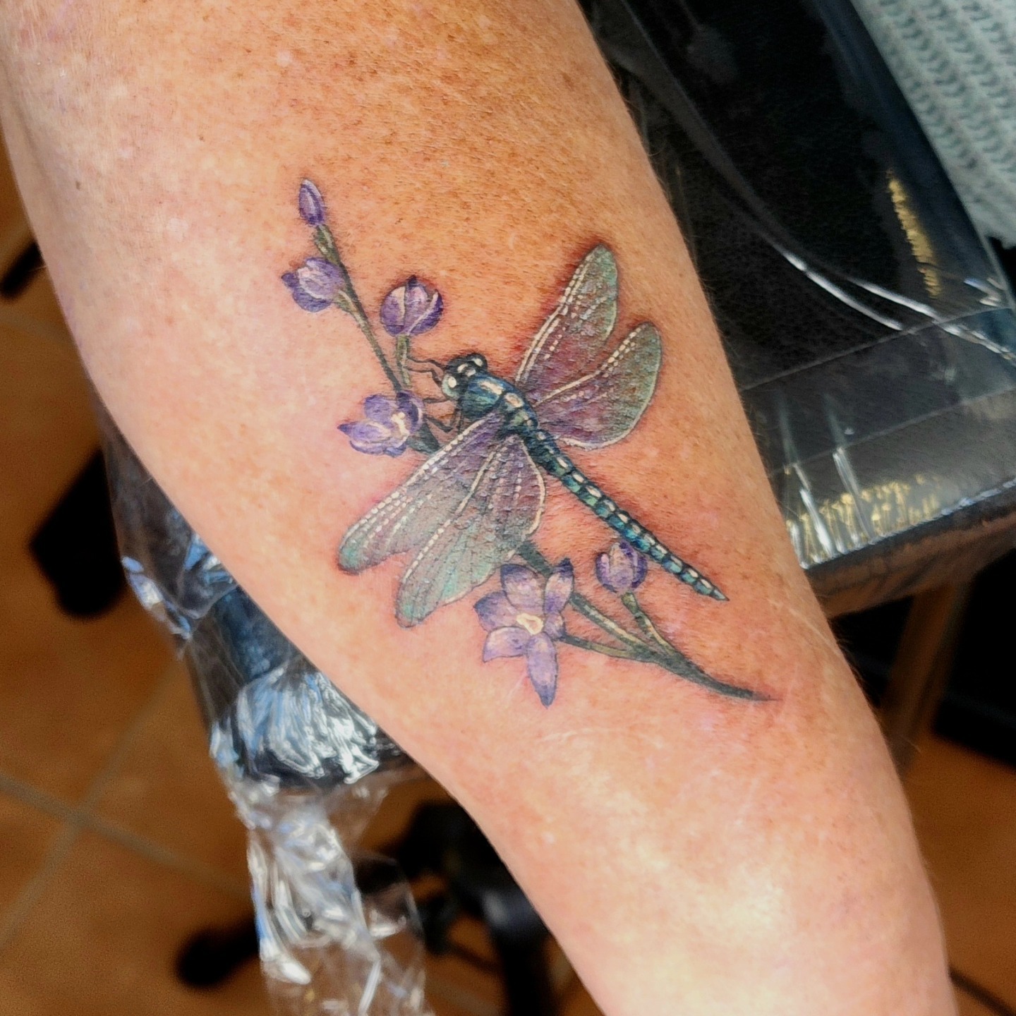 Dragonfly and Purple Wildflowers Tattoo Tattoo Design