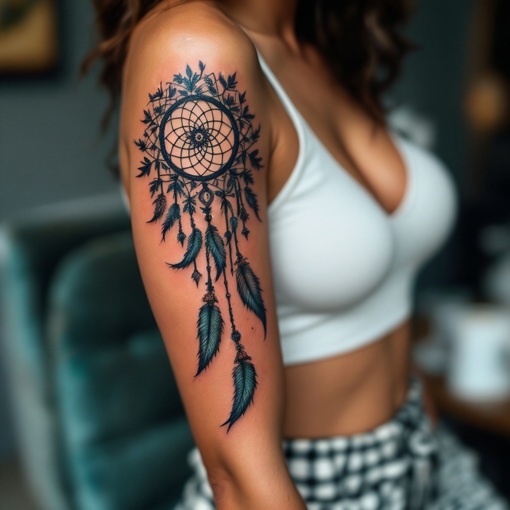 Elegant dreamcatcher tattoo with flowing feathers Tattoo Design
