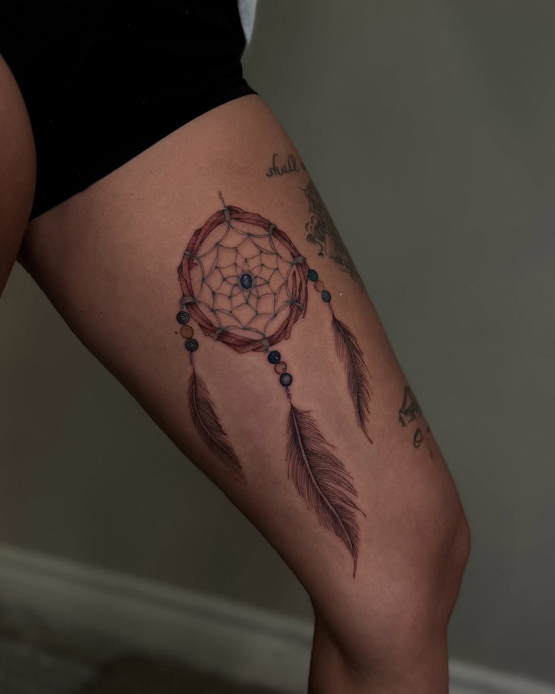 Stylish dreamcatcher tattoo on the thigh Tattoo Design