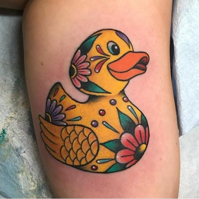 Colorful Floral Rubber Duck Tattoo Design