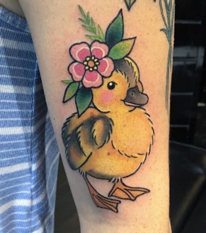 Floral Traditional Duck Tattoo Design