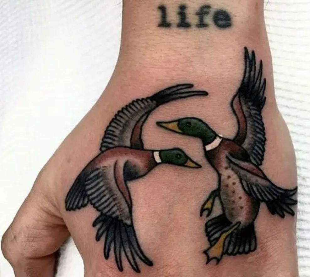 Flying Mallards in American Traditional Style Tattoo Design