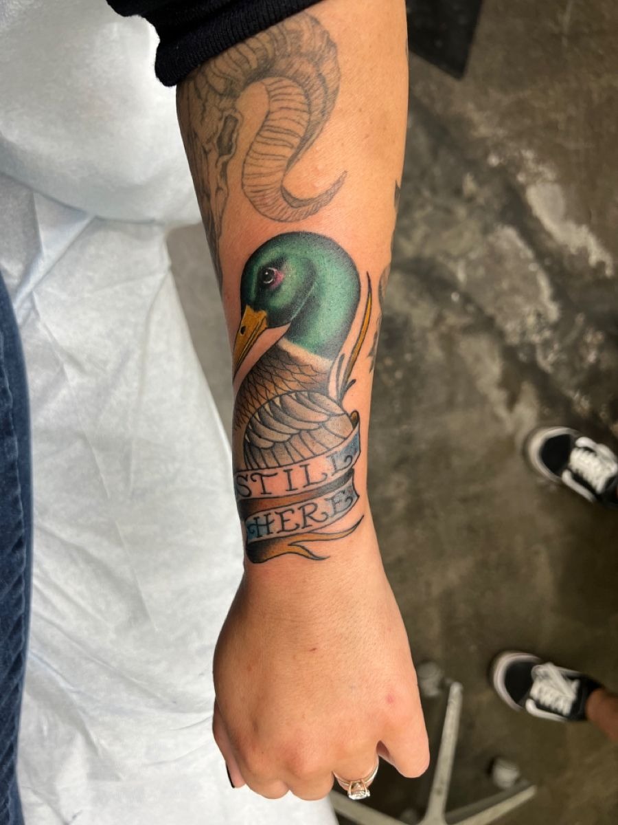 Realistic Mallard with Banner Tattoo Design