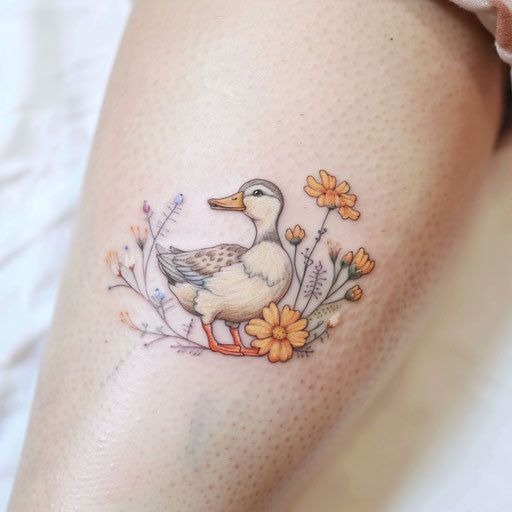 Soft Floral Duck with Wildflowers Tattoo Design