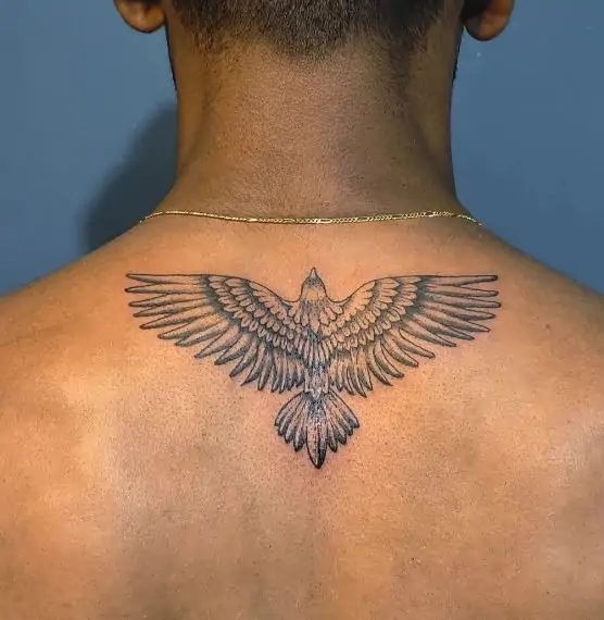 Finely Detailed Eagle Between Shoulders Tattoo Design