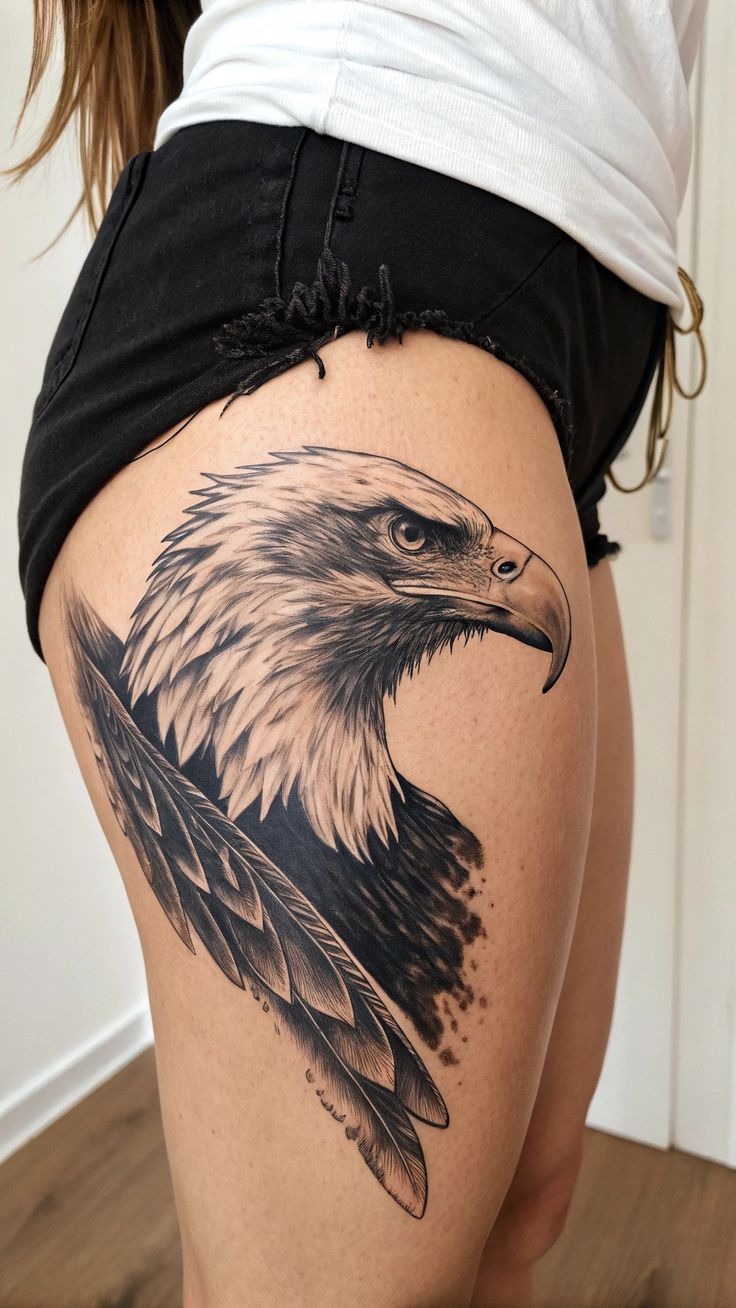 Realistic Eagle Portrait on Thigh Tattoo Design