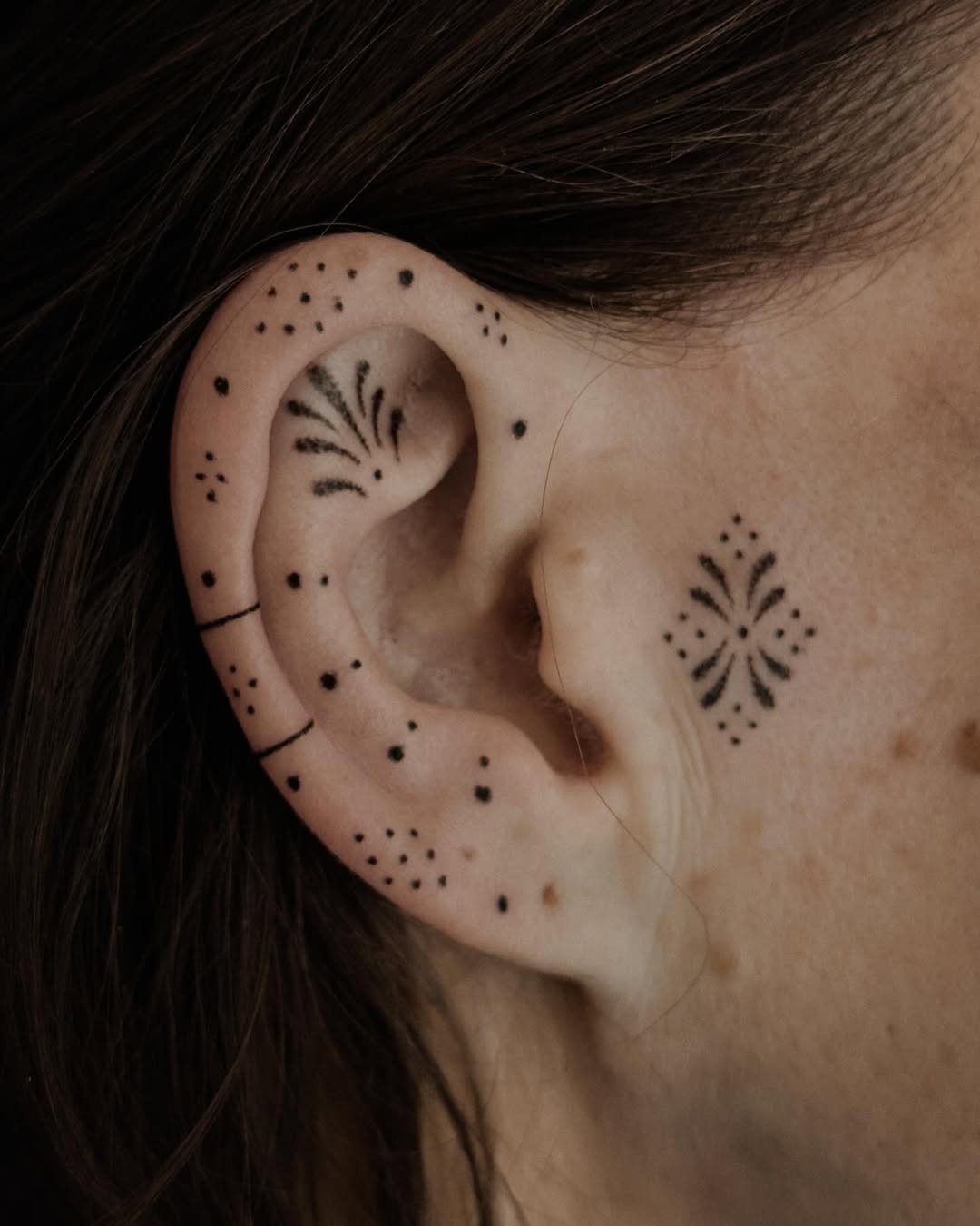 Stylish Black Dot Patterns on Ear Tattoo Design