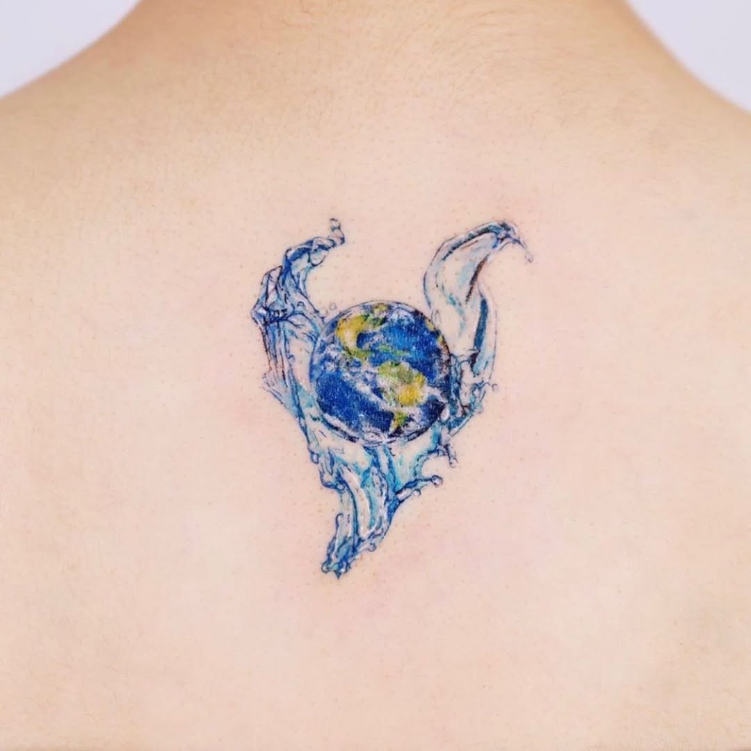 A vibrant depiction of Earth and water waves Tattoo Design